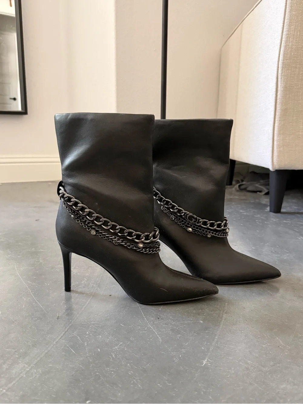 Guess Black Stiletto Bootie with Chain Detail